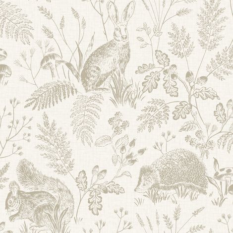 Woodland Animals Wallpaper Beige White Natural Rabbits Trees Feature Wall (1/4)