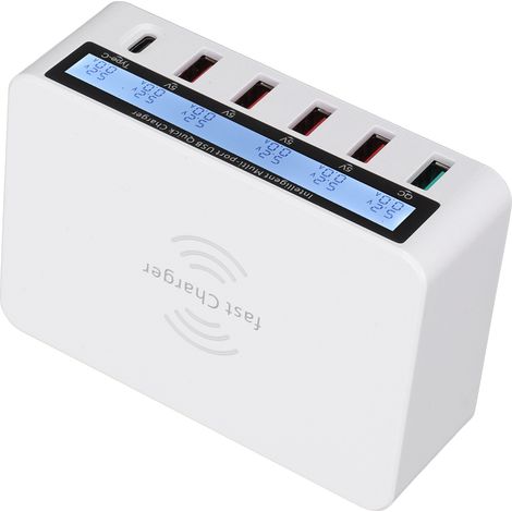 Station de Charge USB 40W 6 Ports QC 3.0 avec Charge Sans Fil et Écran LCD, 100‑240V, Blanc, Prise EU