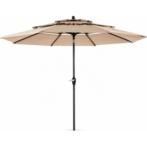 Parasol de terrasse 3 m kaki avec inclinaison automatique, mât aluminium et toit ventilé 3 niveaux, idéal jardin, sans pied