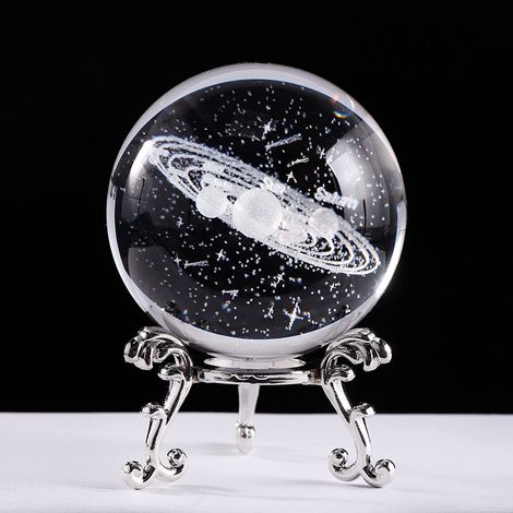 Bola de cristal grande grabada, esfera 3D en miniatura que representa un meteorito del sistema solar, decoración para el hogar, fondo de plata K9 (1/5)