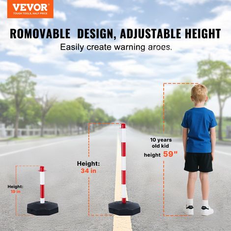 Poteau de Signalisation 4PCs Poteau de Délimitation sur Socle Remplissable Hauteur Réglable Cône de Signalisation Longue Chaine 2,4 m pour Contrôle de Circulation Chantier Parking Rouge et Blanc (1/5)