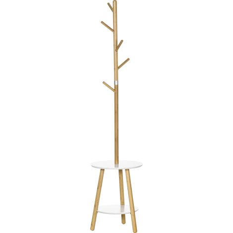 Portant bambou 2 en 1 avec 2 étagères 5 crochets, naturel 39,5x39,5x171 cm