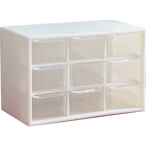 Boîte de rangement de bureau anti-poussière en plastique, 9 tiroirs, organiseur de bureau pour maquillage, bijoux et fournitures diverses, blanc (1/5)