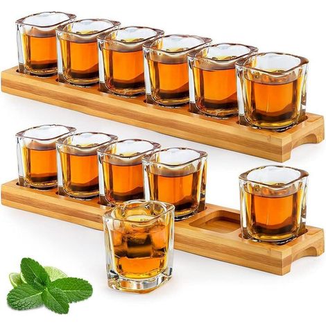 Set de 12 verres à shot 60ml avec présentoir en bois, cristal clair (1/5)