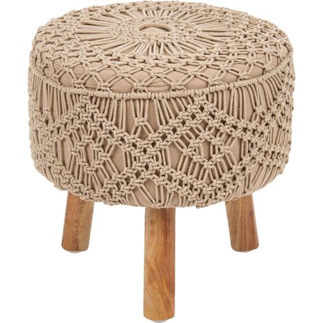 Taburete reposapiés de estilo boho hecho a mano macramé de algodón patas de madera 40 x 40 x 44 cm beige oscuro Manzai (1/5)