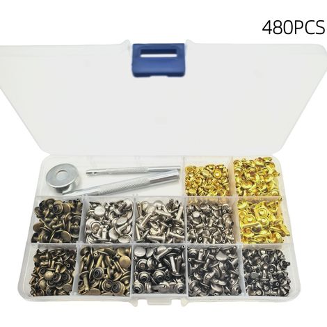 Kit de 480 pièces de rivets décoratifs DIY à double face, 4 couleurs et 3 tailles, pour maroquinerie : rivets mâles et femelles à enfoncer (1/5)