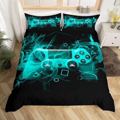 Parure de lit avec housse de couette de 135 x 200 cm, motif manette de jeu vidéo, manette de jeu pour adolescents, garçons et filles - Bleu et noir (1/5)