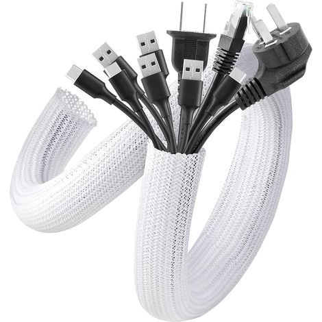 3-Meter Flexible Adjustable Cable Sleeve (13-23mm), Cable Management, Split Braided PET Cable Cover, Cable Gland for TV/Computer/USB/Audio/Video Cables - White (1/5)