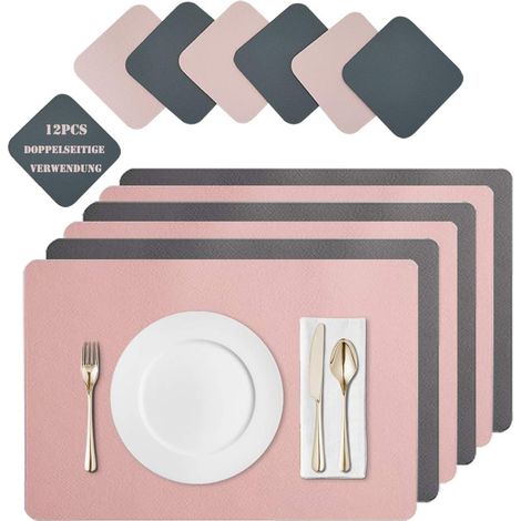 Lot de 6 sets de table, dessous-de-plat, lavables, en cuir, double, épais, 45 x 30 cm, pour la maison, la cuisine, le restaurant et l'hôtel, rose et gris foncé (1/5)