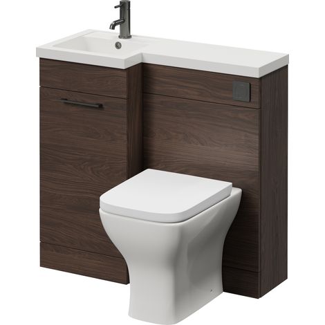 Napoli 390 Brown Oak 900mm Single Door Vanity Unit Toilet Suite with Left Hand Square Lucia Basin - 900mm - Gunmetal Grey 160mm HandleWith Kingston Toilet Pan and Seat