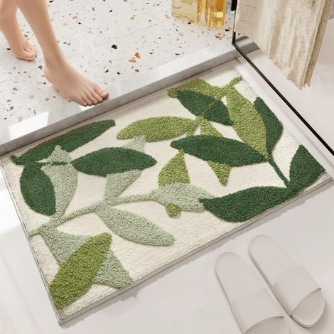 Tapis de bain Ankah à motif feuilles tropicales, tapis de bain monstera ludique, vert vif, motif feuilles original, doux et confortable, antidérapant, séchage rapide, apporte une forêt intacte à votre (1/5)