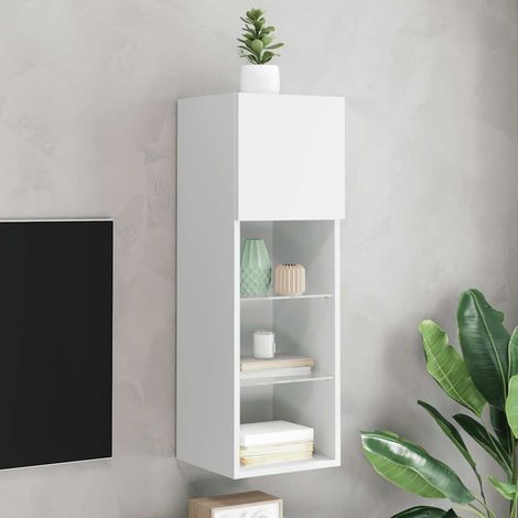 Meuble TV mural avec éclairage LED RVB et rangement blanc 30,5 x 30 x 90 cm - PANGIVO (1/5)