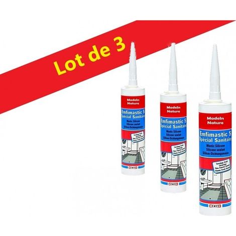 Mastic silicone spécial sanitaire, joint souple et résistant, anti-moisissure, étanche, Intérieur & Extérieur, Made In France - Blanc - Lot de 3. (1/5)