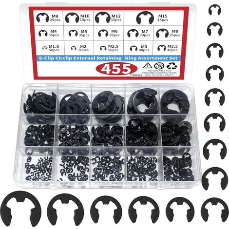 Pack de 455 E-clips, jeu de circlips, jeu de circlips E clips, rondelles de verrouillage internes, assortiment de bagues de verrouillage externes M1.2-M15 E pour fixer des roulements, des engr (1/5)