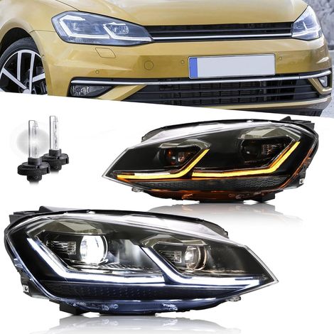 Headlight for Golf 7 TSI TDI Halogen Hatchback Variant 2012-2016 [Not for GTI/GTD/Xenon] with Dynamic Turn Signals - Silver Strip (with d2h bulb set) (1/5)
