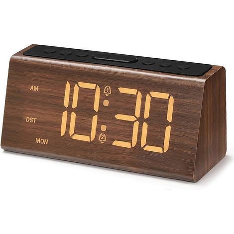 Réveil de bureau électrique avec interface USB, alarme puissante, adapté aux gros dormeurs, fonction snooze et heure d'été, marron. (1/5)