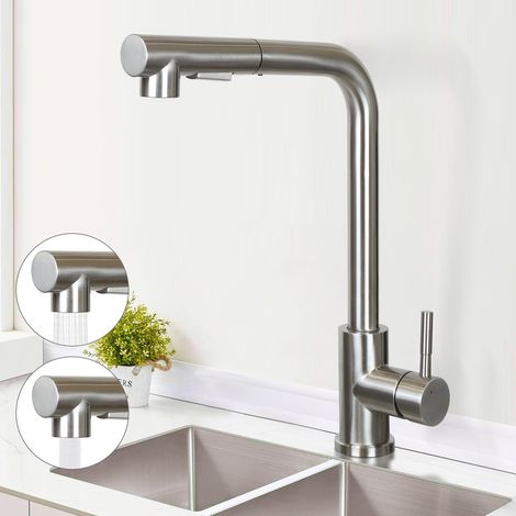 GBLY Rubinetto da cucina estensibile - Miscelatore con rubinetto lavabo doccia lavello rotante a 360° in acciaio inossidabile con 2 tipi di getto rubinetto da cucina - Nichel spazzolato