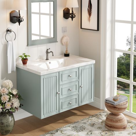 Mueble de lavabo mural 78,5x46x46,8 cm en MDF verde con almacenamiento para baño FloraGrace (1/5)