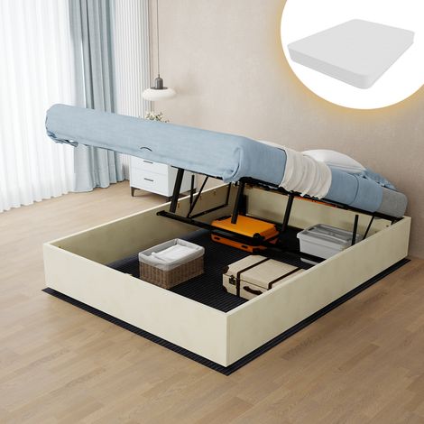 Cadre de lit moderne minimaliste 140 x 200 cm en velours hollandais beige avec vérins à gaz, sommier inclus, sans tête de lit, meuble de chambre contemporain (1/5)