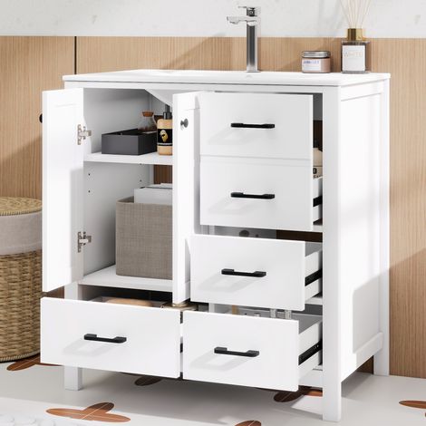 Meuble avec vasque simple avec Vasque Céramique - 5 Tiroirs et 2 Portes avec Étagère Réglable - Peinture Écologique - Design Moderne Blanc
