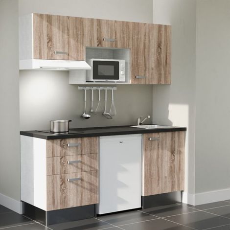 Kitchenette K20L-PT - 180 cm - plan stratifié, évier inox, - Façade Bois - Plan Noir texturé - Evier Inox - Crédences Non + Electroménager inclus coloris Blanc (1/5)