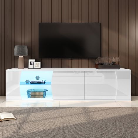Meuble TV 180x40x45 cm blanc en panneaux de particules avec LED et portes de rangement (1/5)
