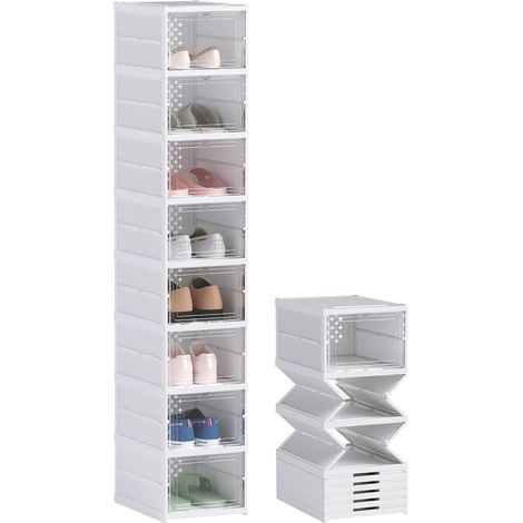 Lot de 8 boîtes à chaussures pliables, boîtes de rangement pour chaussures en plastique empilables, rangement chaussure avec couvercles, pour pointure jusqu'à 43, blanc, 26x35x140cm (1/5)