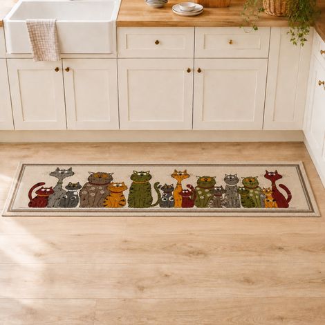 Tappeto Cucina Gatti 100% Cotone Antiscivolo Beige Multiuso Cm. 50x80