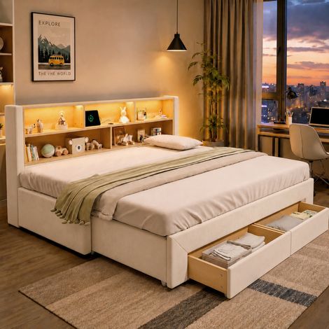 Daybed 201x194x83 cm, estraibile fino a 180x200 cm con 2 cassetti, USB e LED, velluto beige (1/5)