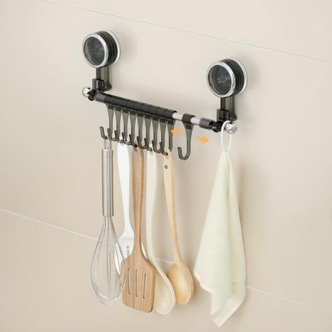 Support Ustensiles Cuisine Sans Perçage avec Ventouse, 31cm Porte Ustensiles Mural avec 10 Crochets, Barre à Crochets Amovible pour Ustensile Cuisine et Ustensile de Cuisson, Gris (1/5)