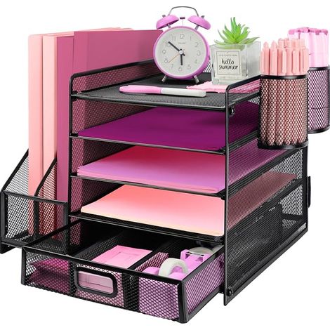 Organiseur de bureau porte-revues, bac à papier avec tiroir et porte-stylos, bac à courrier pour bureau, école, maison – Noir (1/5)