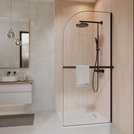 Schulte paroi de douche à l'italienne, 90x200 cm, paroi de douche fixe arrondie, Walk In réversible, verre transparent 6 mm, porte-serviettes, noir
