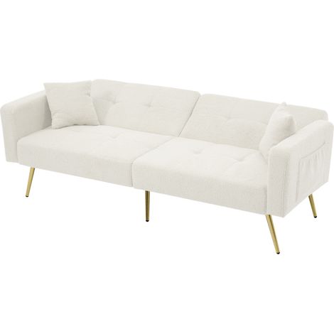 Sofá cama convertible blanco con respaldo regulable, patas doradas y cojines (1/5)