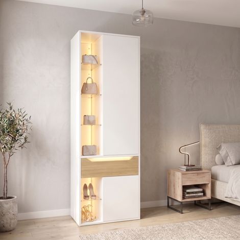 Armoire dressing 75x50x200 cm avec éclairage LED, 2 portes vitrées, tringle, tiroir, 6 niches ouvertes et étagères en verre - Blanc (1/5)