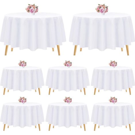 Lot de 8 nappes rondes 305 cm blanc, polyester, lavable, pour mariage et fête