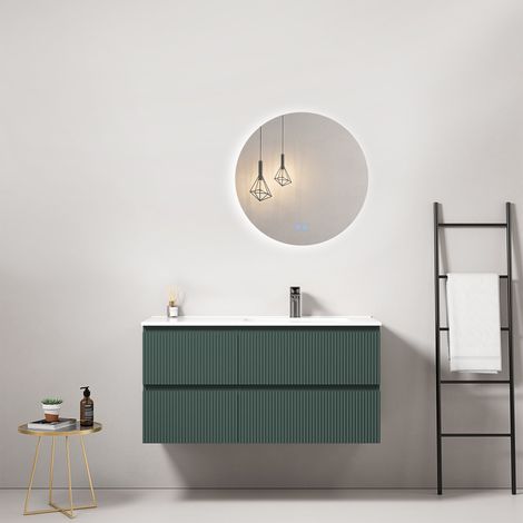 Mobile bagno sospeso cannettato 100 cm Verde Comodoro Lavabo a Destra in Ceramica Specchio Tondo Retroilluminato - Fiji Paint