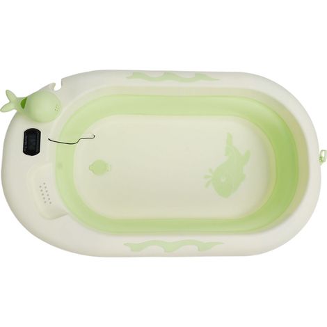 Faltbare Babybadewanne mit Temperatursensor, faltbar, dicke Wände, geeignet zum Sitzen und Liegen, weiche, biedelgrüne Farbe (1/5)