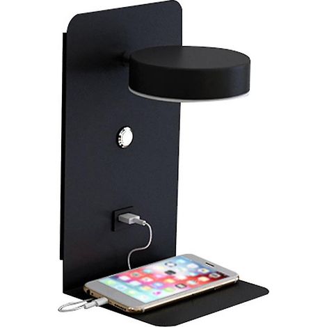 Lámpara de lectura de pared con puerto USB y cargador, lámpara de mesilla de noche creativa con interruptor - Negra - Haoyi (1/5)