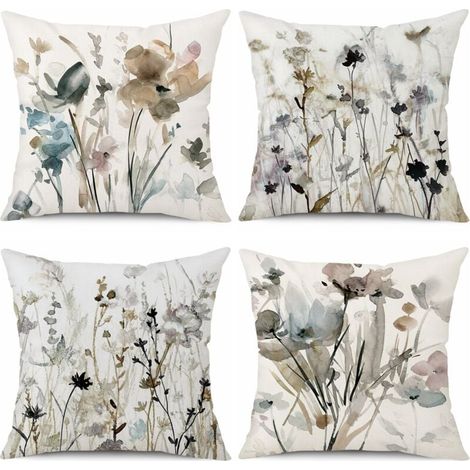 housses de coussin en lin motif floral moderne aquarelle pour canapé Lot de 4 45 x 45 45 x (1/4)