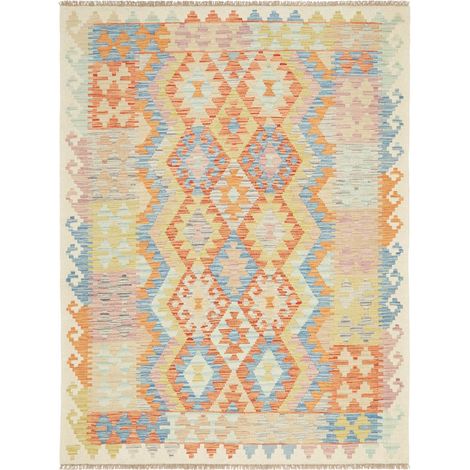 Tapis kilim 128 x 173 cm, motif géométrique, multicolore bleu et orange, en laine naturelle, artisanat pakistanais (1/5)