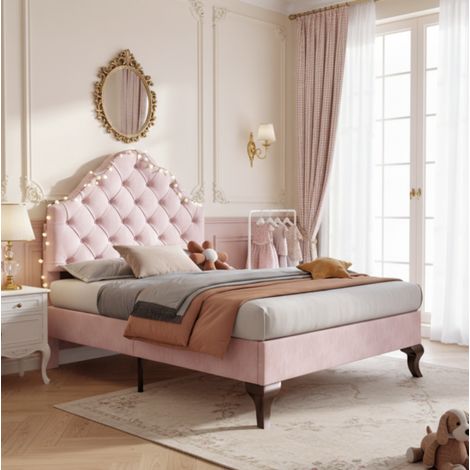 Cama tapizada de terciopelo rosa 90x200 cm con somier de láminas y cabecero regulable (1/5)