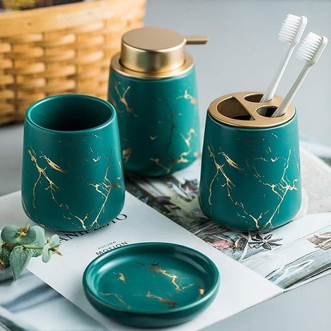 4-teiliges Badezimmer-Accessoire-Set aus Keramik, luxuriöses Badezimmer-Accessoire-Set in Marmoroptik inklusive Seifenspender, Zahnbürstenhalter, Seifenschale und grünem 3-Smiley-Becher (1/4)