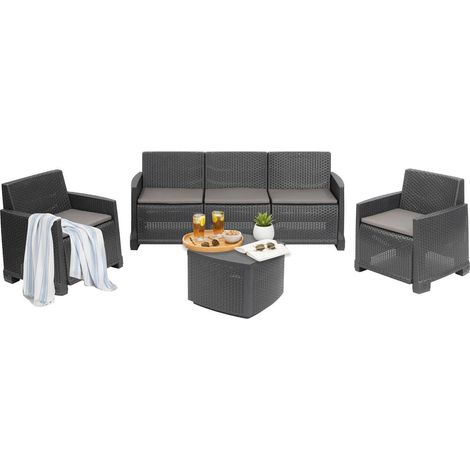 Dmora - Set salotto da esterno Alassio, Set da giardino con 2 poltrone, 1 divano e 1 tavolino contenitore, Effetto rattan con cuscini, 100% Made in Italy, Antracite, con imballo rinforzato (1/3)