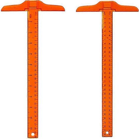 Lot de 2 équerres en T de 30 cm, double graduation, en plastique, pour le dessin technique et les travaux de mise en page - pouces/cm et double cm (orange)-30x15cmx0.2cm-Orange (1/2)