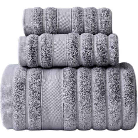 Ensemble de serviettes de bain en coton épais et absorbantes (3 pièces) : 1 serviette de bain et 2 gants de toilette, gris.