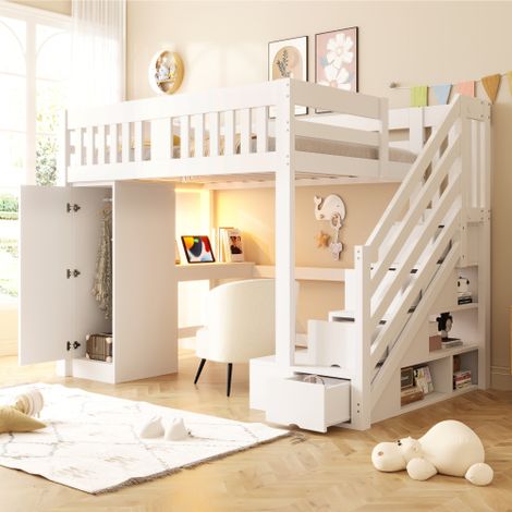 Letto in legno 140 × 200 cm, scaletta con contenitore, scrivania con presa europea, striscia LED multicolore, armadio singolo, panca con contenitore, sponda alta, letto a soppalco, letto per ragazzi, (1/5)