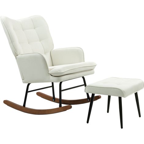 Sillón mecedora con reposapiés en blanco crema de poliéster y madera de haya (1/5)