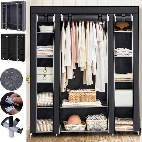 Armoire portable pour vêtements, organisateur de vêtements en tissu non tissé, armoire de rangement pour chambre à coucher, 146  44  175 cm, étagères de rangement Noir (1/5)