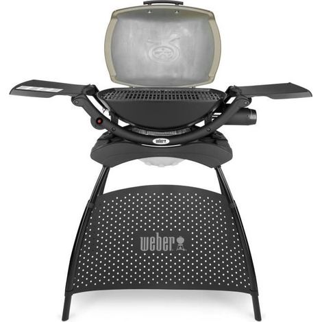 Weber – Barbecue à gaz Q2000 sur pied – Grille en acier chromé – Puissance 3,52 kW – Bac de récupération de graisse amovible – Plans de travail rabattables