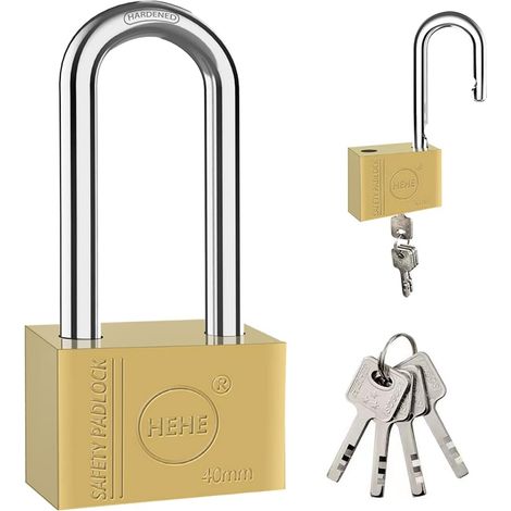 Cadenas lourd en laiton massif - 40 mm - Serrure de sécurité pour porte d'appartement - Cadenas avec clé - Renforcement surélevé - Serrure carrée renforcée (faisceau long) (1/5)
